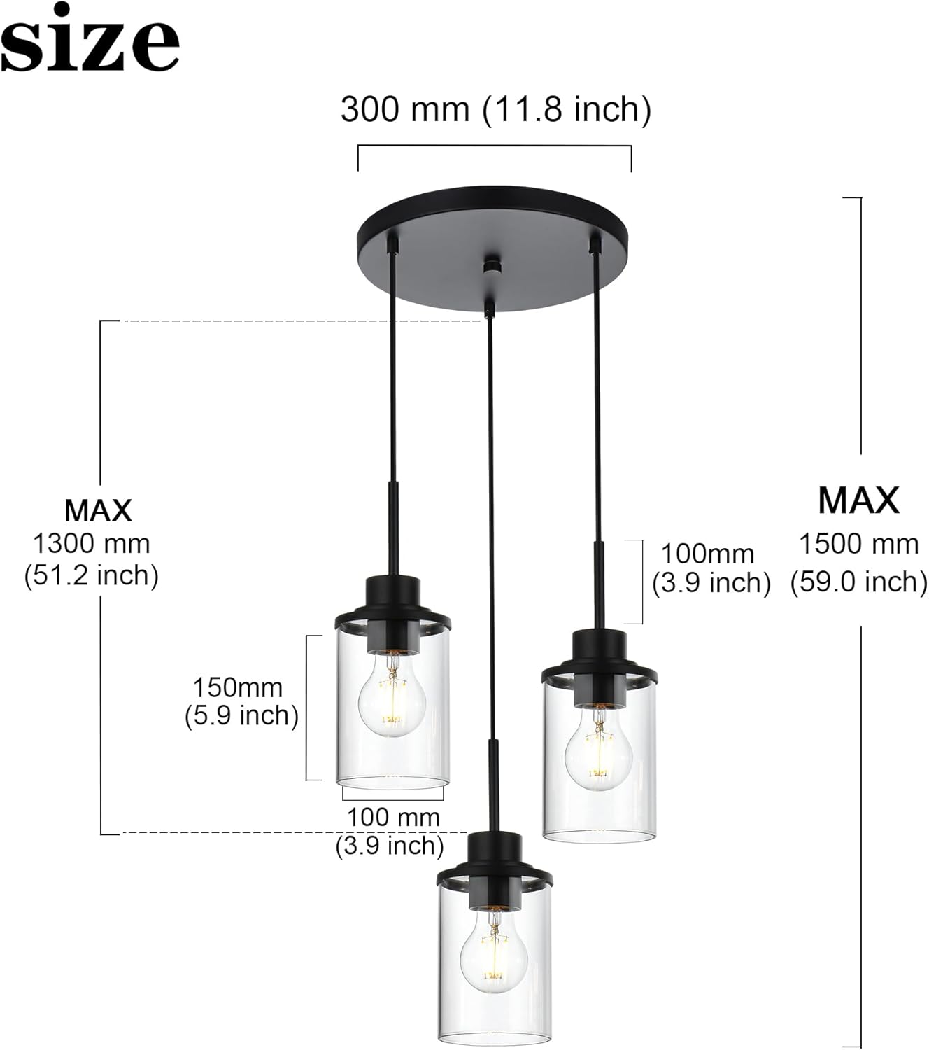 Vintage 3-Light Pendant Lights,Black Round Chandelier Hanging Lighting Rustic Ceiling Lights Fixtures with Clear Glass Shade Dining Room Lights for Kitchen Island Sink Hallway, Living Room
