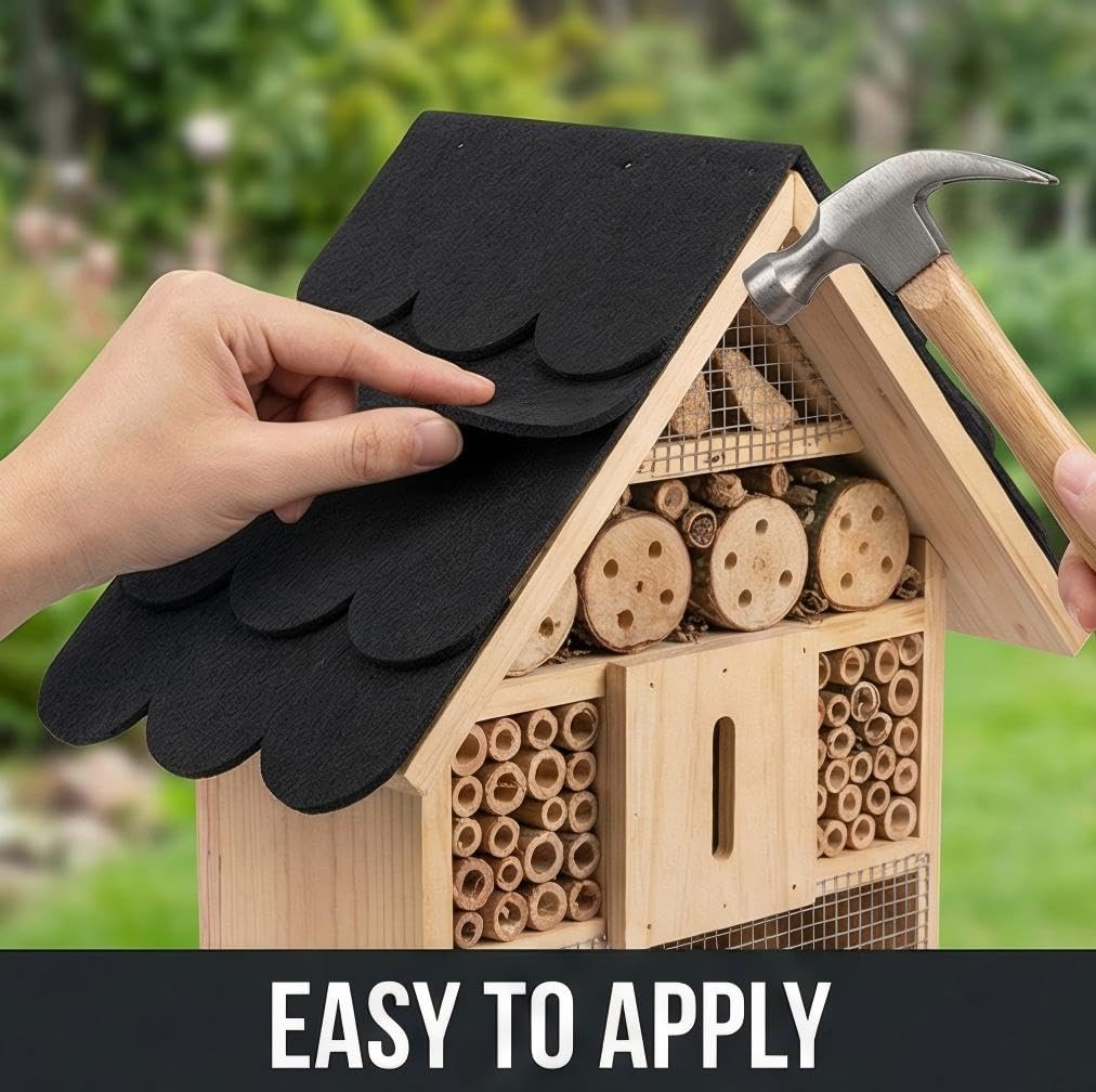 Dachpappe Vogelhaus autoadesiva set 30 pezzi, tegole bituminose nere per tetto casetta uccelli: 25 strisce 300x50 mm + 5 colmi 300x110 mm, impermeabile per mini costruzioni