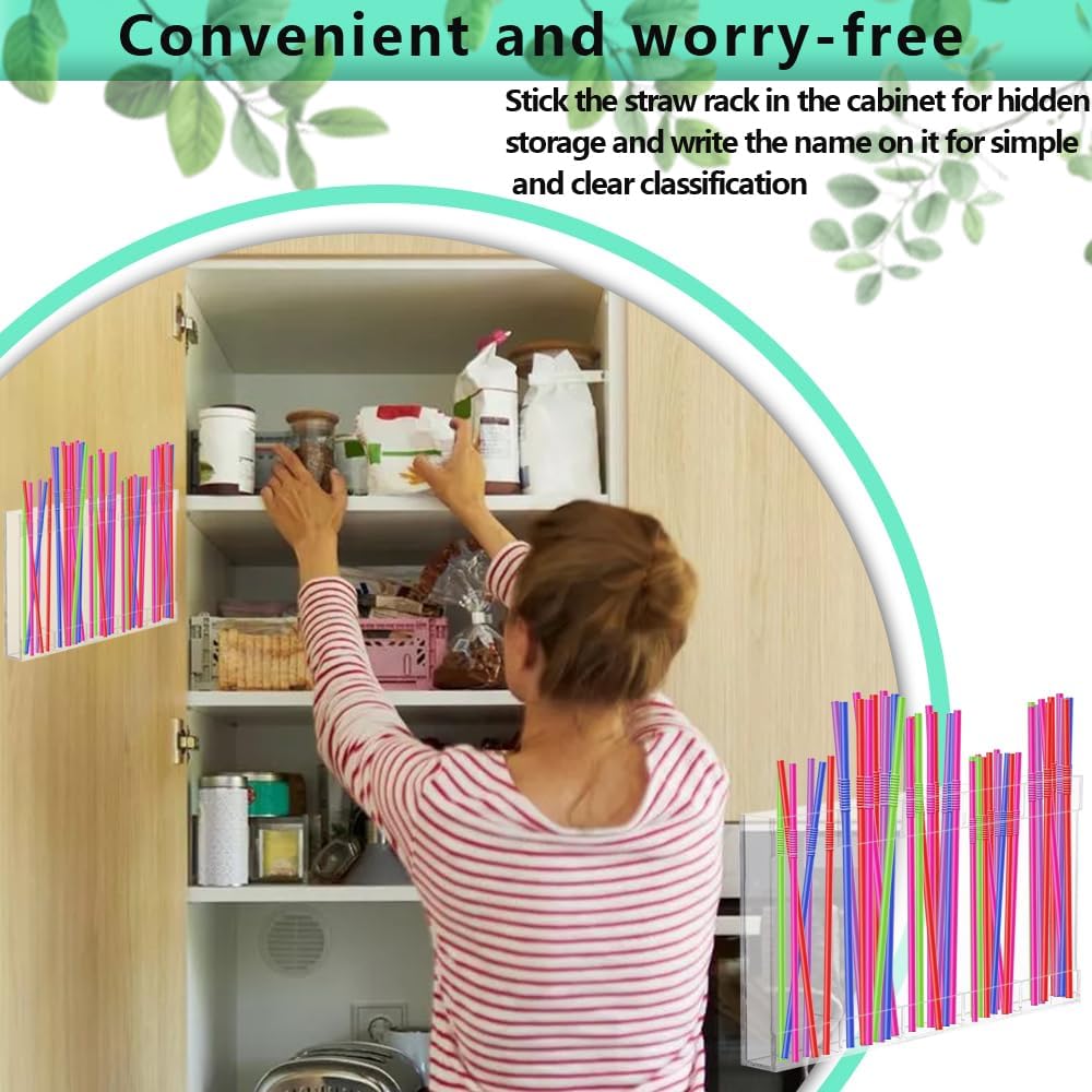 Straw Holder for Cabinet Door, Acrylic Straw Organizer Storage Dispenser, Space Saving Kitchen Accessories Container with Ultra Sticky Adhesive Strips - Image 3