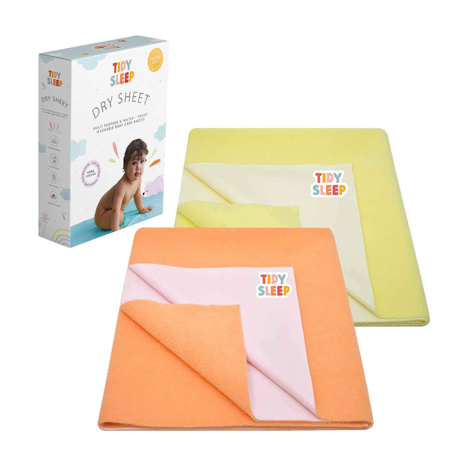 Tidy Sleep Instadry Anti-Piling Fleece Extra Absorbent Quick Dry Sheet for New Born Babies, Cotton Bed Protector Mattress Pack of 2 Peach-Green Medium (100x70) cm-image-34
