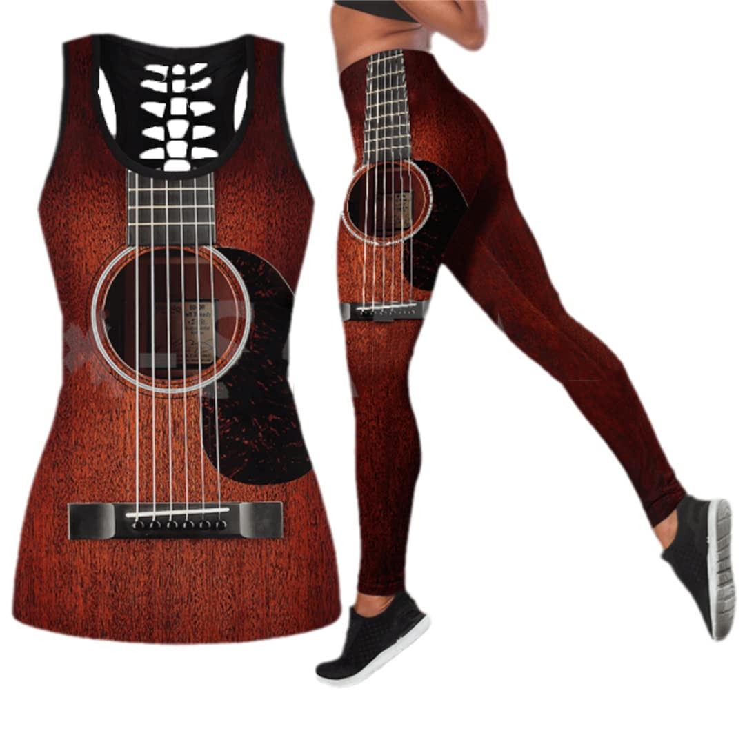 Camiseta sin mangas larga informal con estampado de guitarra en 3D, mallas de cintura alta, traje para niñas, chaleco calado de verano Outfit M