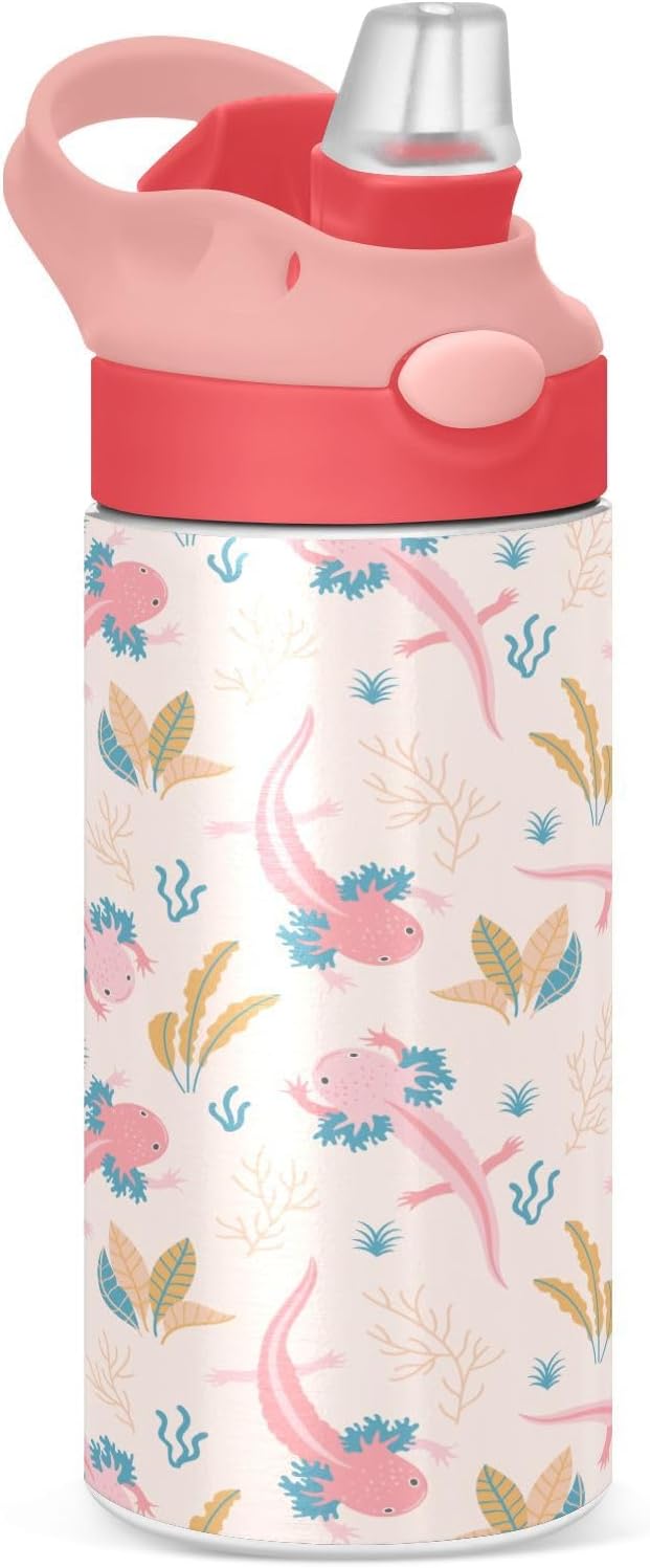 Cute Axolotl Insulated Water Bottle with Straw Handle for Kids 12 OZ Swimming Animal Stainless Steel Vacuum Insulated Cup for Hot and Cold Drinks Travel Tumbler for Toddler Girls