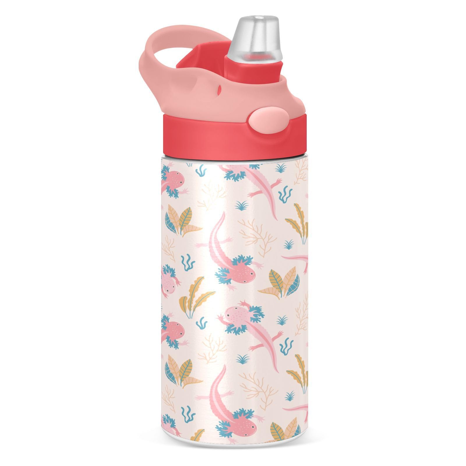 DIGTIA Cute Axolotl Insulated Water Bottle with Straw Handle for Kids 12 OZ Swimming Animal Stainless Steel Vacuum Insulated Cup for Hot and Cold