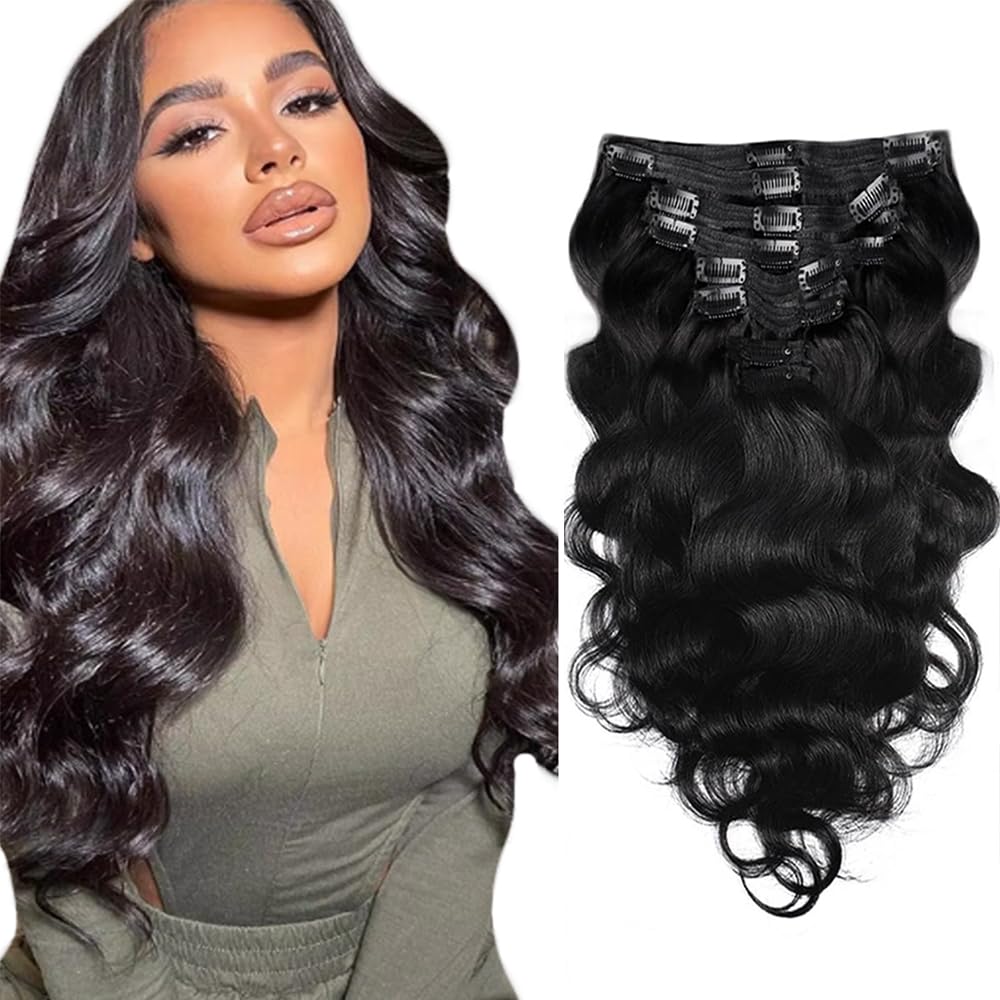 Amazon.com : #1B Natural Black Clip in Hair Extensions Human  display picture 1