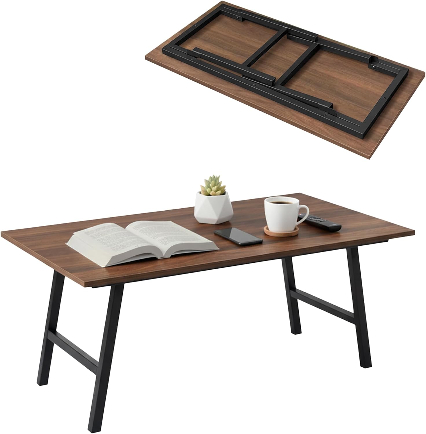 Folding Coffee Table, Portable Floor Table for Sitting on The Floor, Midcentury Modern Coffee Table, Foldable Floor Table for Living Room, 40''L x 20''W x 16.3''H, Walnut Walnut 40''L x 20''W