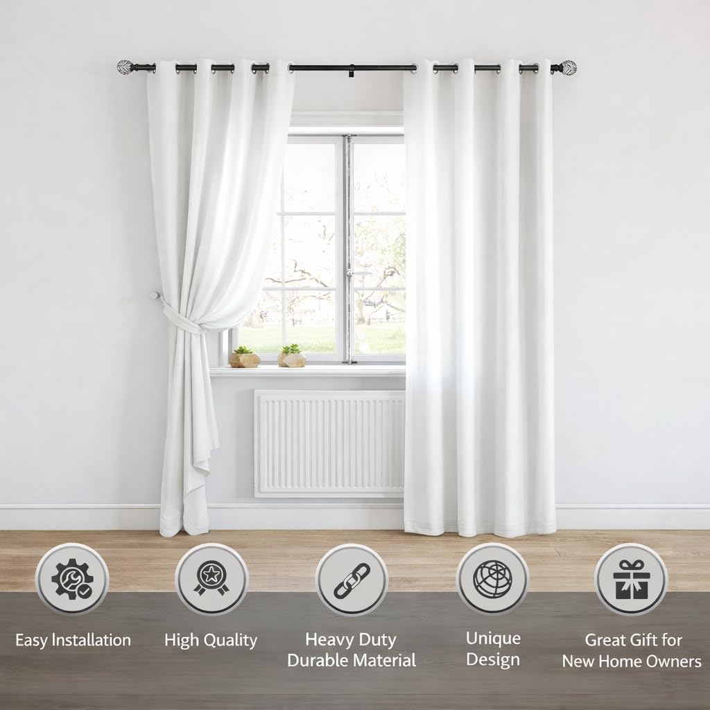 Black Curtain Rod - Telescoping Curtain Rods for Living Room Windows with Decorative Finials - Heavy-Duty, Holds Up to 55lbs - Easy to Install, Hardware Included - 1" Diameter, [48-84 Inch]