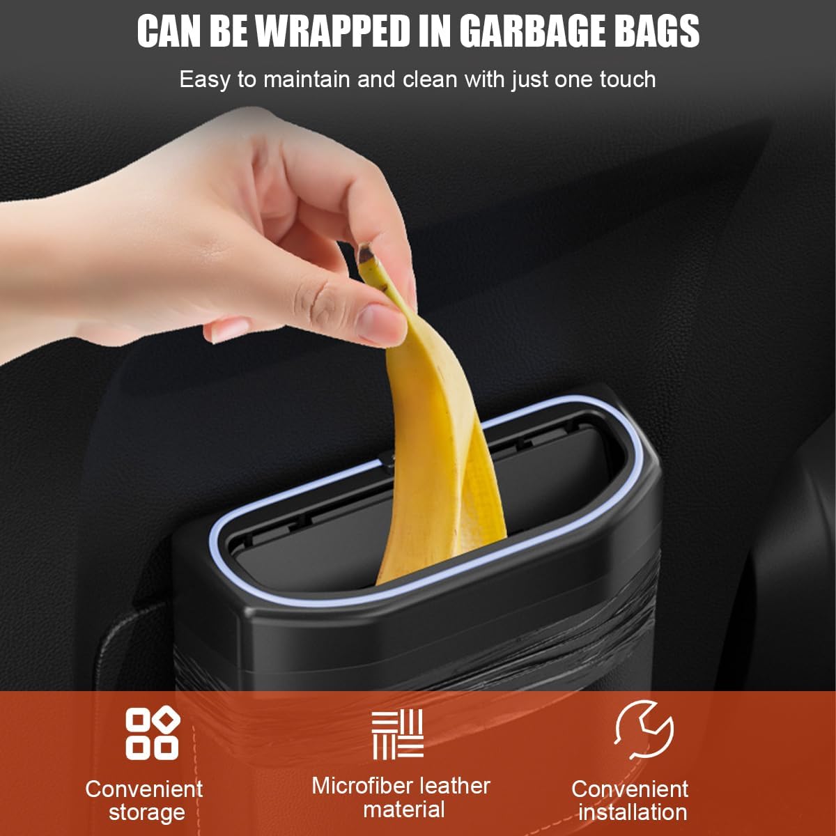 Car Trash Can with Lid, Leakproof Mini Vehicle Garbage Container Bin with LED Light, Auto Interior Front Back Seat Storage Organizer Dustbin, Universal for SUV, Sedan, Truck(Orange)