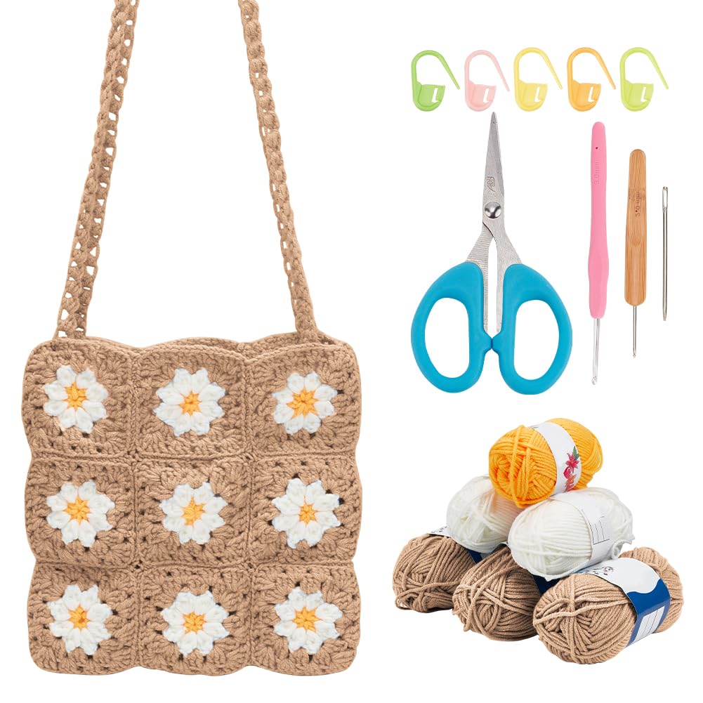 ORIGACH DIY Daisy Crochet Bag Kit for Beginners Adults, Crochet Granny Square Bag Kit with Instruction Video Tutorials, Learn to Crochet Bag Making Kit for Starters, Khaki