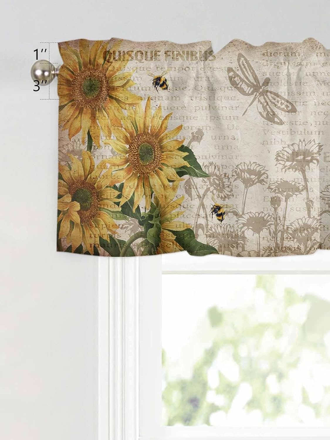 Kitchen Valance Windows Rod Pocket Curtain Valances Spring Sunflower Dragonfly Retro Newspaper Privacy Short Curtains Panels Window Treatment Living Room Watercolor Floral Butterfly Bumblebee 54x18in