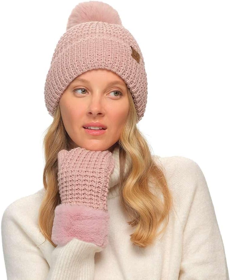C.C Women Waffle Knit Fuzzy Sherpa Lined Pom Beanie & Mitten Winter Gloves Set