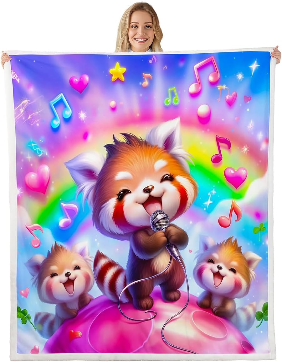 Kawaii Dog Blanket Queen 90x90 Cartoon Animal Singing Blanket for Kids Teens Boys Girls Neon Colorful Music Notes Sherpa Blanket Rainbow Star Starry Bed Blanket Sofa Bed Couch Decor