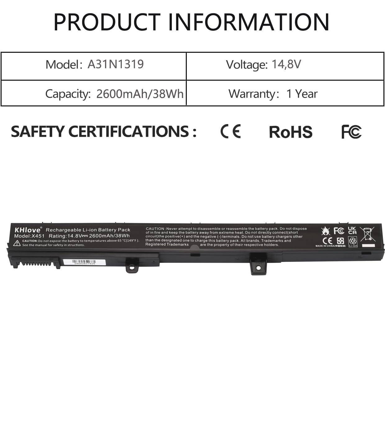 A31N1319 A31LJ91 Laptop Batteria per Asus X551 X551C X551CA X551M X551MA X551MAV R512 R512C D550 D550C D550M F551C F551CA F551M F751L R508CA R512CA X451 X451CA X451MAV X751L A41N1308 A31LJ21
