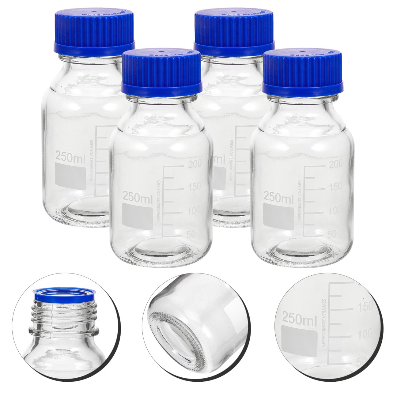 VALICLUD Bottiglie per Laboratori e Applicazioni Didattiche in Vetro 250ml con Tappo a Vite Blu, Resistenti All'usura e Lavabili, Confezione da 4 Pezzi per Reagenti