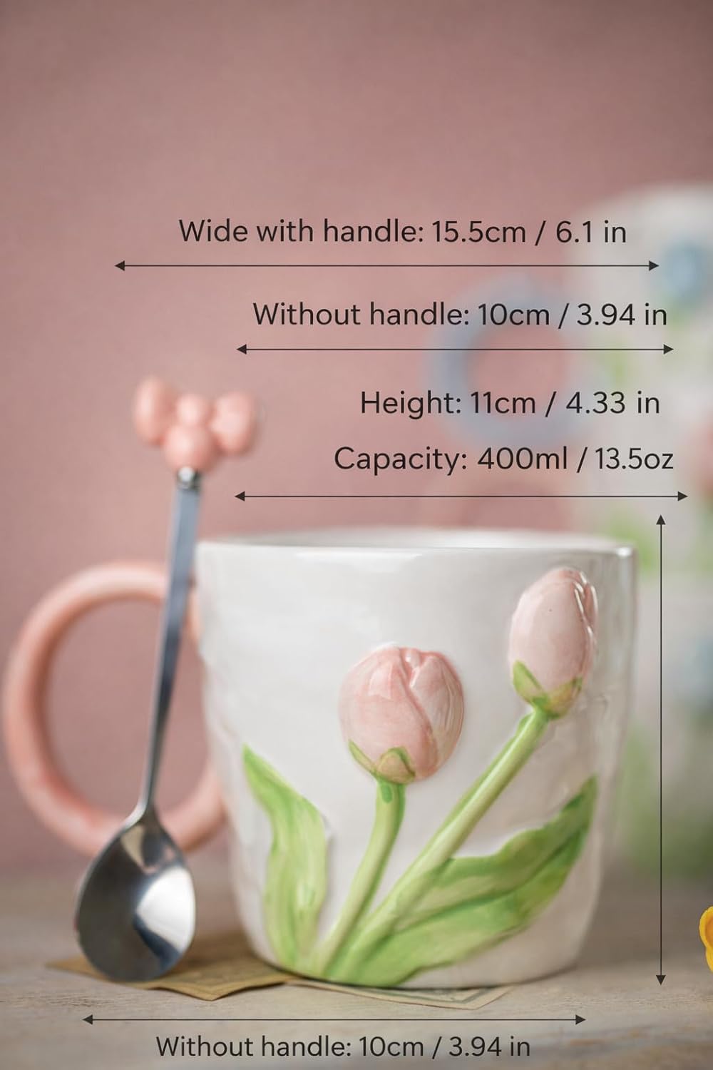 3D Tulip Ceramic Mug with Spoon Gift Set – Hand-Carved Floral Coffee Cup – Embossed Flower Tea Mug – Cute Aesthetic Coffee Mug for Women – Unique Birthday, Valentine’s, Mother’s Day Gift (Blue) - Image 2