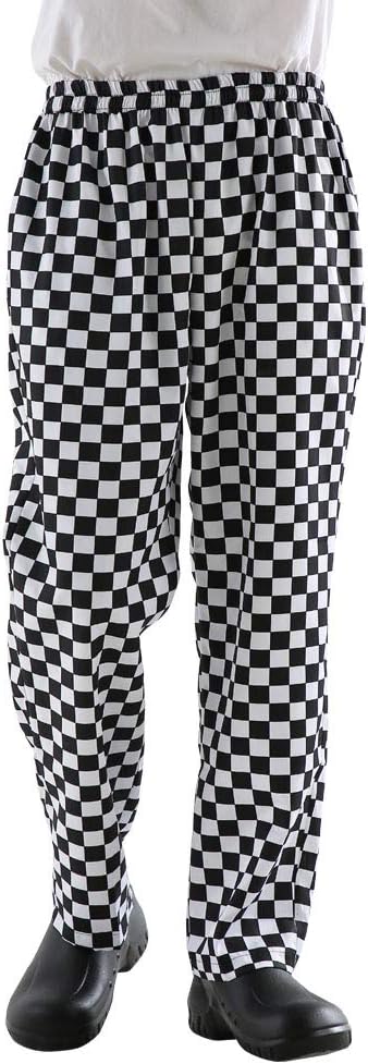 Men’s Black and White Checkerboard Print Chef Pants with Elastic Waist Drawstring Baggy Chef Uniforms
