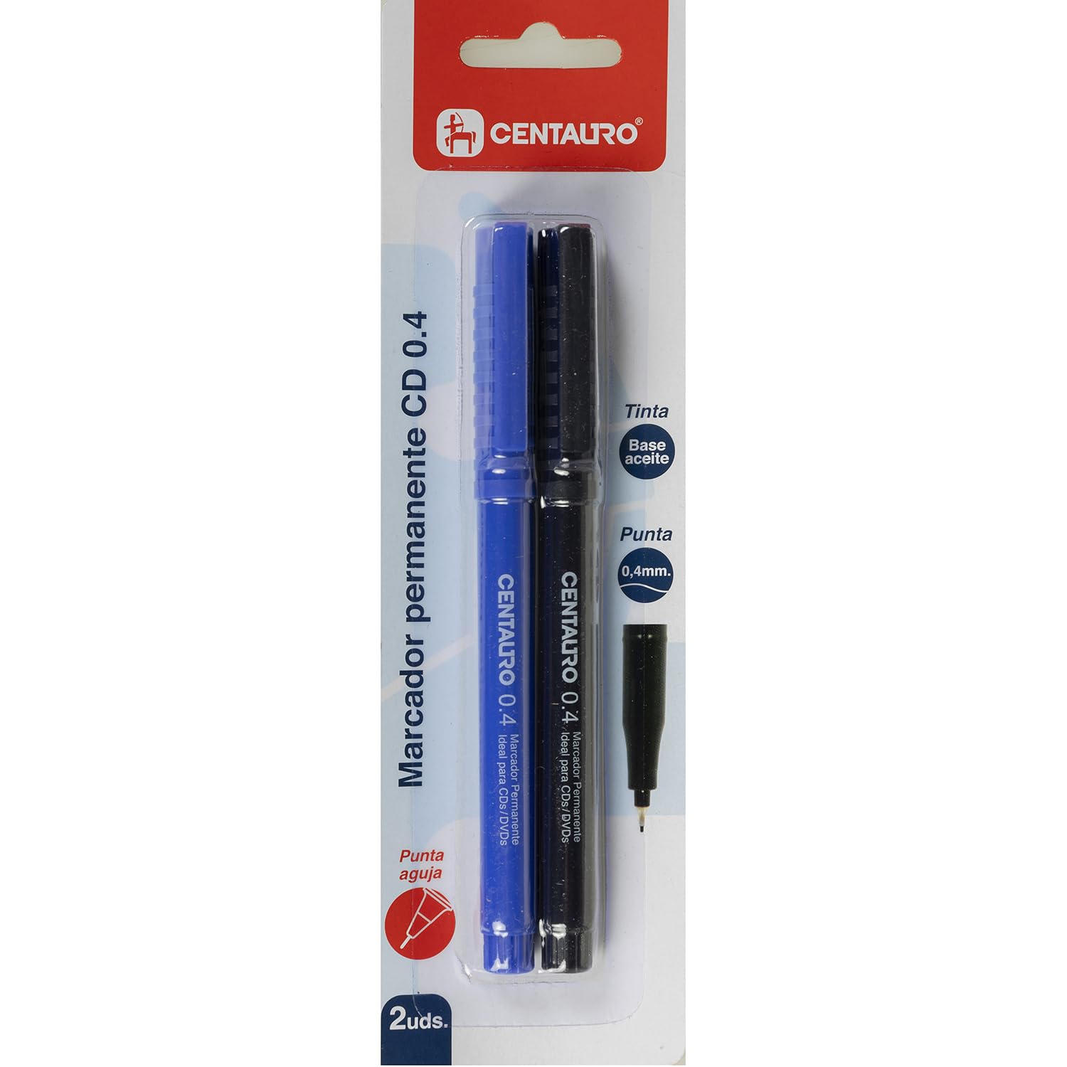 Centauro - 2 Fine Tip Permanent Markers for CDs, Needle Tip 0.4 mm, Blue and Black, Perfect for Identification and Marking in Offices and Businesses