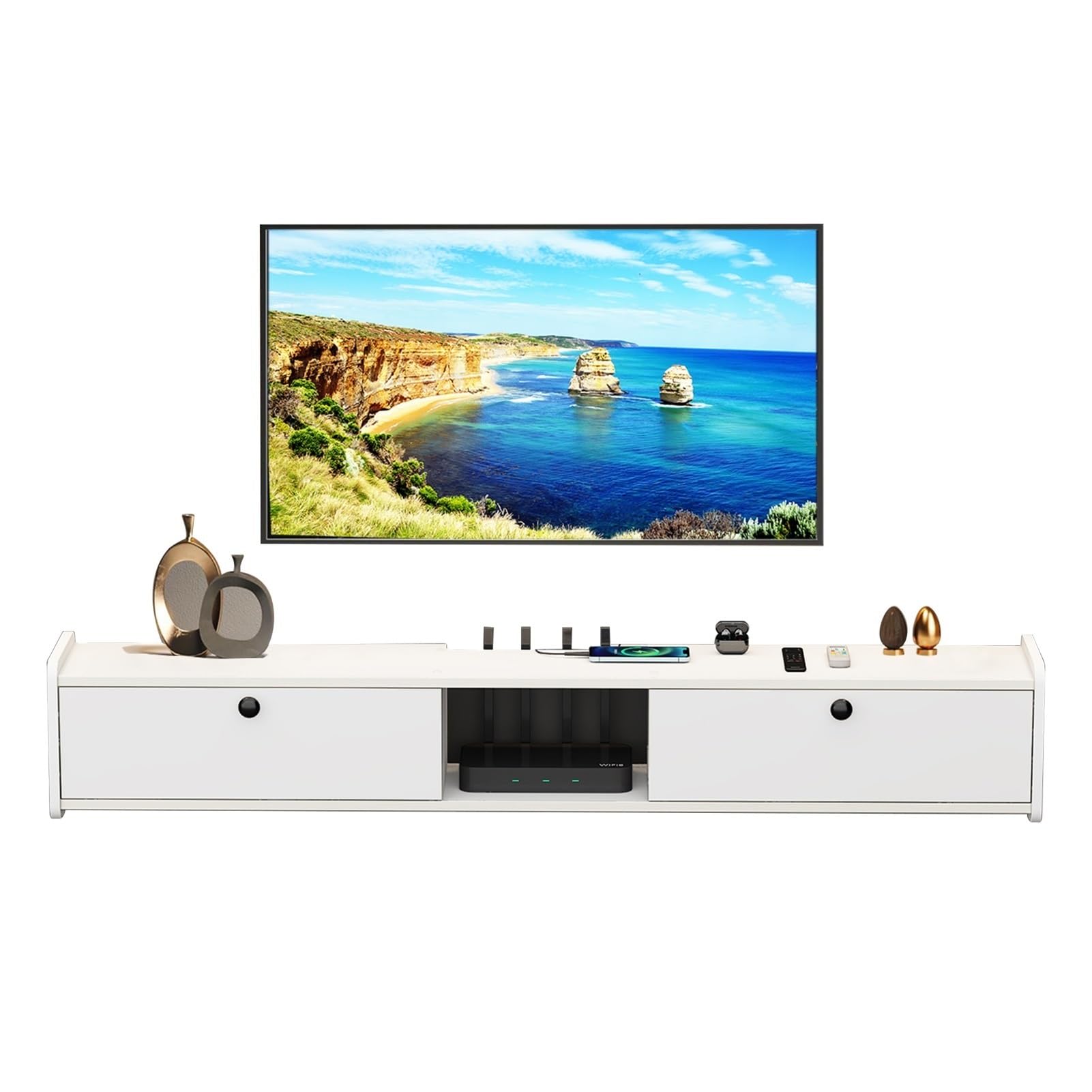 Meuble TV mural au design moderne avec étagères de rangement suspendues