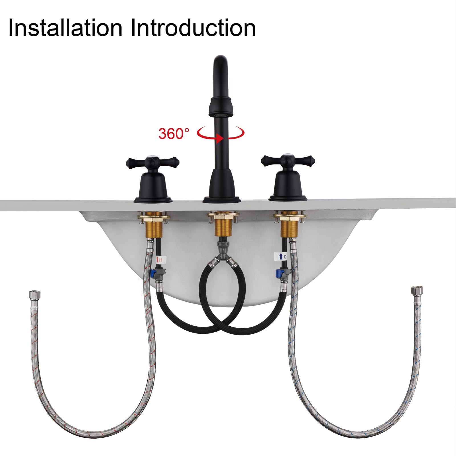 RKF CWF039-MB - Grifos de baño para fregadero de 3 agujeros, color negro mate, 8 pulgadas, llave de fregadero de baño generalizada con desagüe, 2 asas, pomos cruzados, grifo mezclador para lavabo con