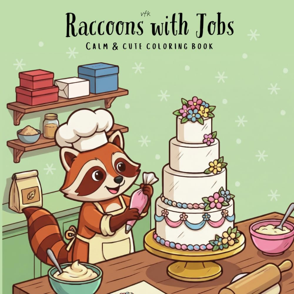 Raccoons with Jobs: Calm & Cute Coloring Book for Adults and Teens Featuring Cute Raccoon Characters in Adorable Scenes for Relaxation