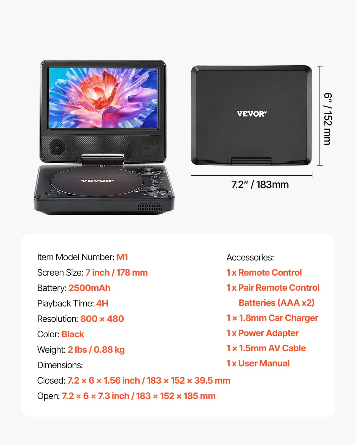 VEVOR Lettore DVD Portatile, Schermo HD Girevole da 7 pollici, Batteria Ricaricabile Integrata con Durata di 4 Ore, Altoparlante Doppio, Supporto Sincronizzazione TV/USB/Scheda SD/CD/DVD
