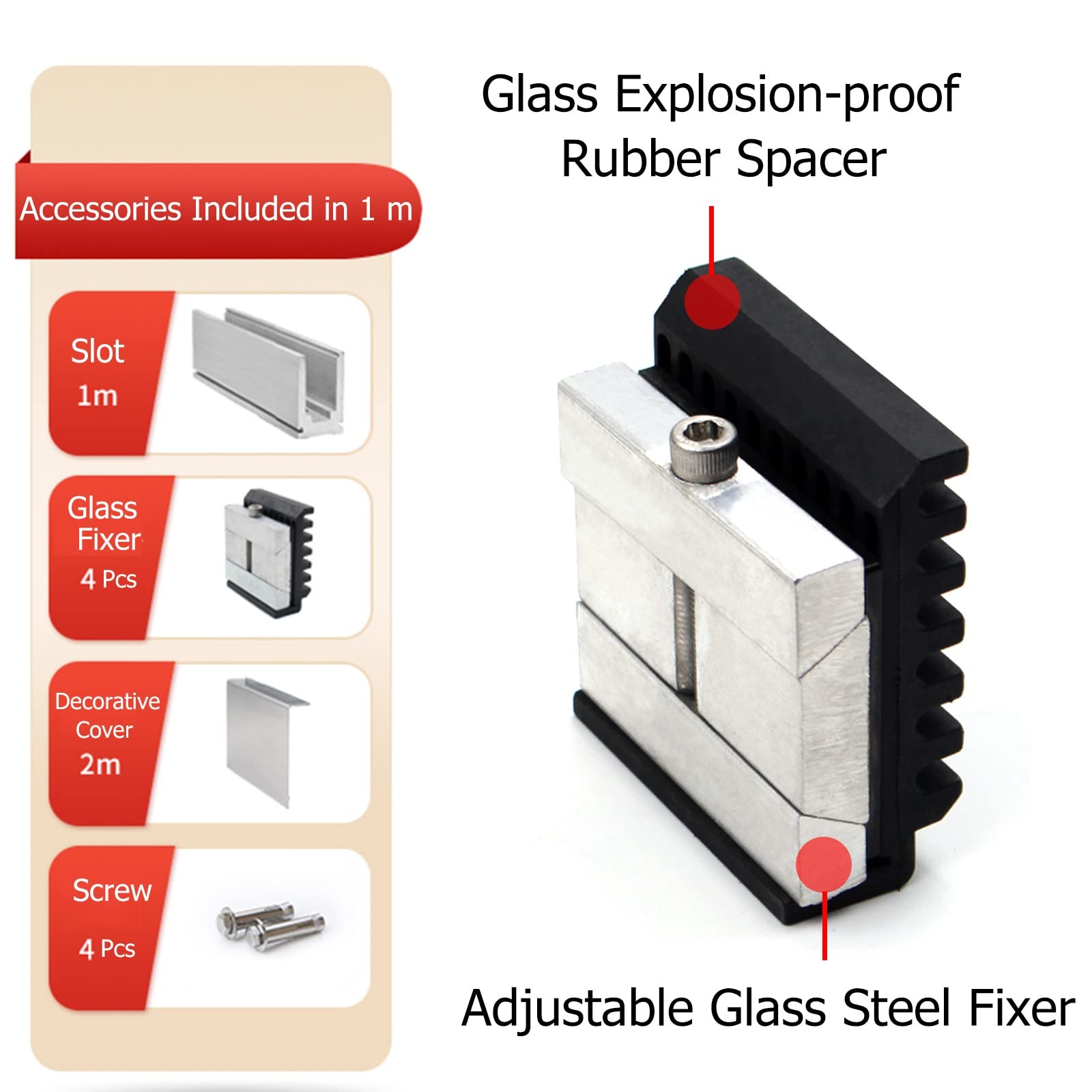 ZAQYCM Glasklemme Rahmenloses Glas Aluminium Deckgeländer 1m Länge, Glasgeländer U Profil Basis Mit Beschlägen Für Balkon Innenloft Treppen Und Kommerzielles Hotel(for 1/2in(12mm) Glass,Floor Mount)