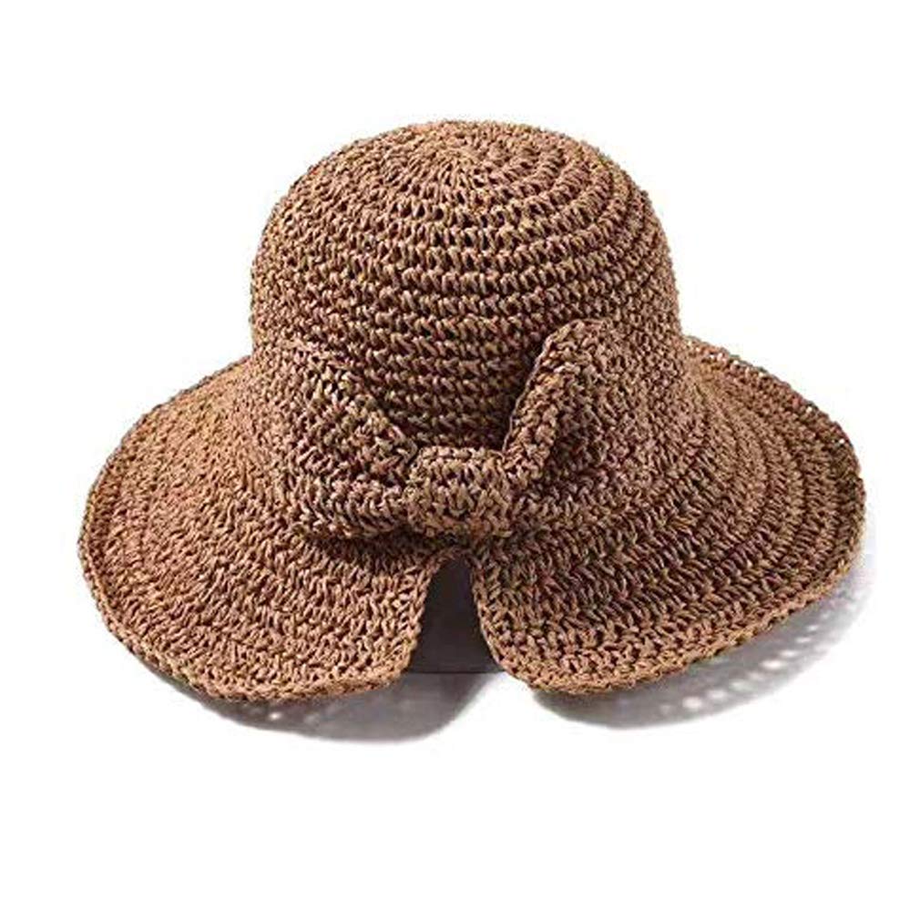Junhouse Womens 100% Raffia Handmade Weave Bow Sun Hat Wide Brim Floppy Summer Straw Hats Beach Bucket Hat Shade Hat