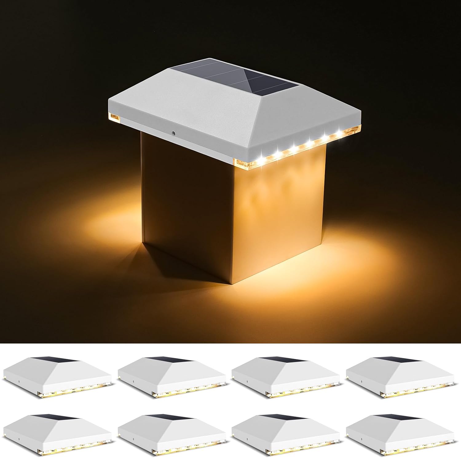 VOLISUN 4x4 Solar Fence - Post Lights Outdoor Waterproof 8pack, Deck Cap Light For 4x4 Wooden 4x4 Vinyl Black Solar Fence Post Cap Light Garden Patio Porch