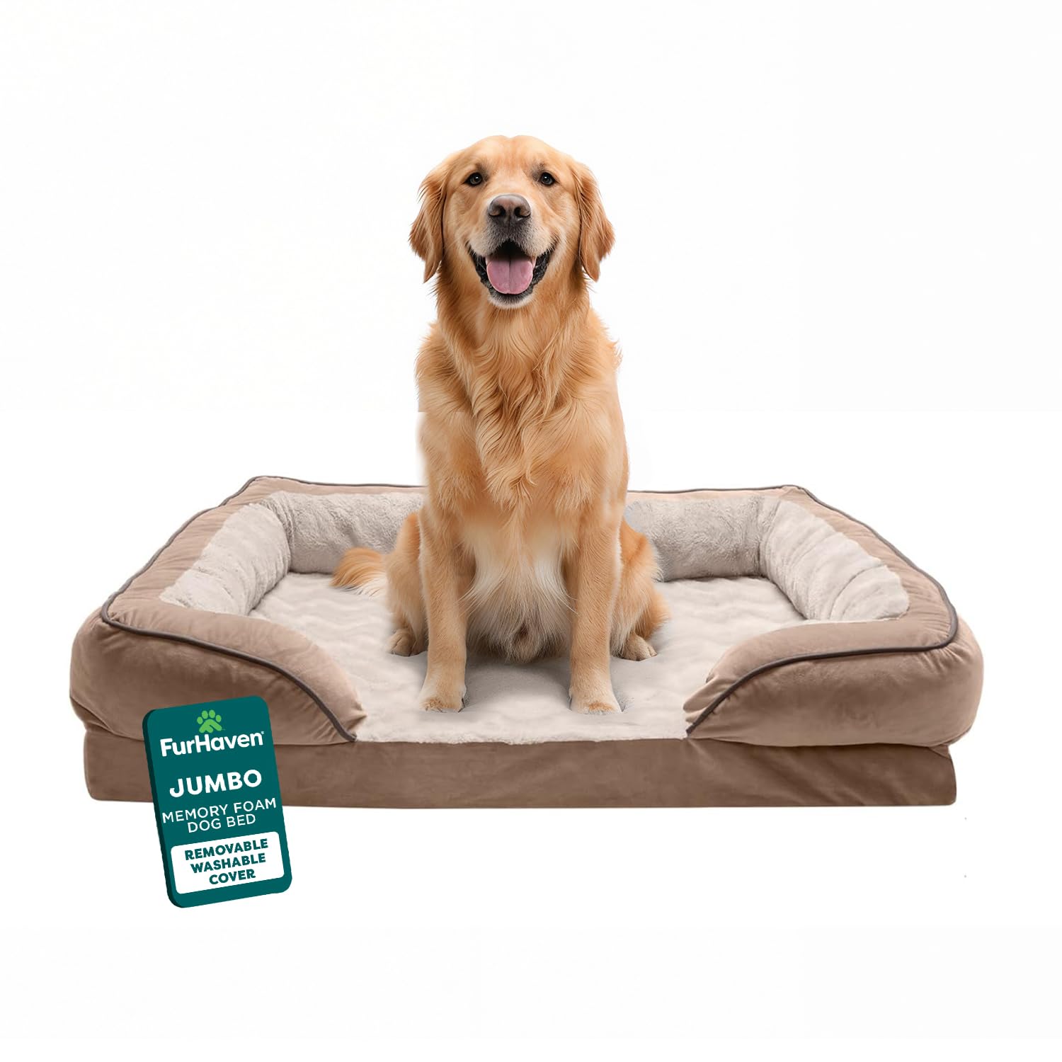 Furhaven Orthopedic Dog Bed for Large Dogs w/ Removable Bolsters & Washable Cover, For Dogs Up to 95 lbs - Plush & Velvet Waves Perfect Comfort Sofa -