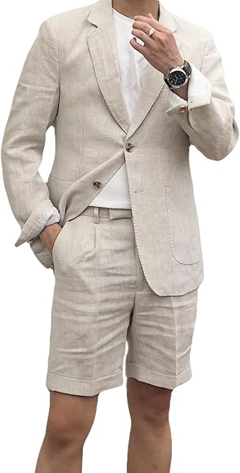Mens 2 Piece Linen Suits Set Regular Fit Casual Lightweight Blazer Jacket and Summer Shorts for Men Jacket+Shorts