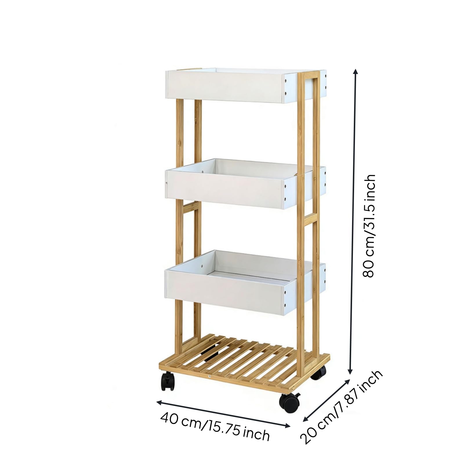 Amagogo Carrello Portasciugamani in Bambù con Ruote Carrello Multiuso Scaffale Verticale Carrello da Servizio Vassoi Rettangolari in Plastica E Ripiano