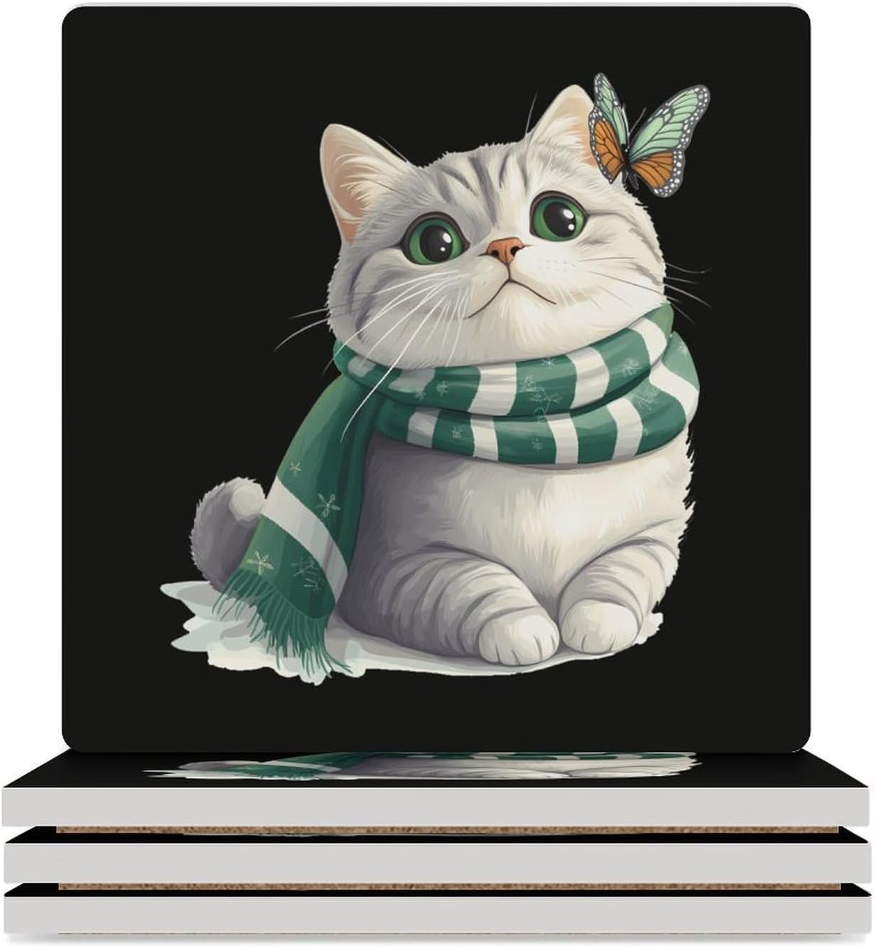 Cat Butterfly Coasters for Drinks Square Table Coasters Set Cup Mats with Cork Base