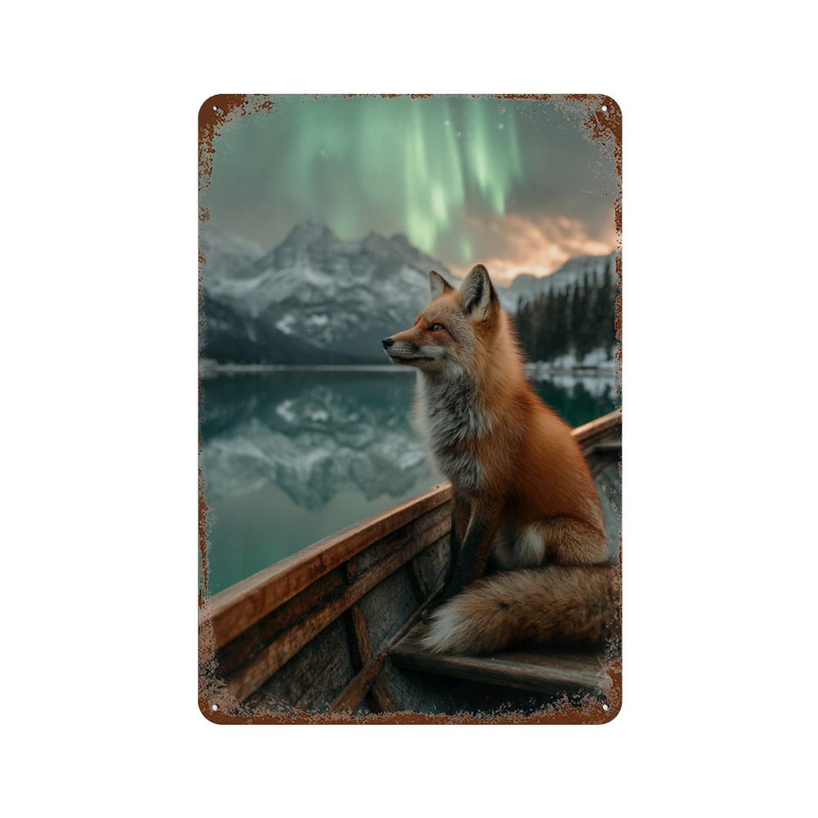 Garage Style Fox in Wooden Boat with Aurora Borealis Weathered Tin Sign 11.8"x7.9", Shabby Chic Decor for Bar And Workshop