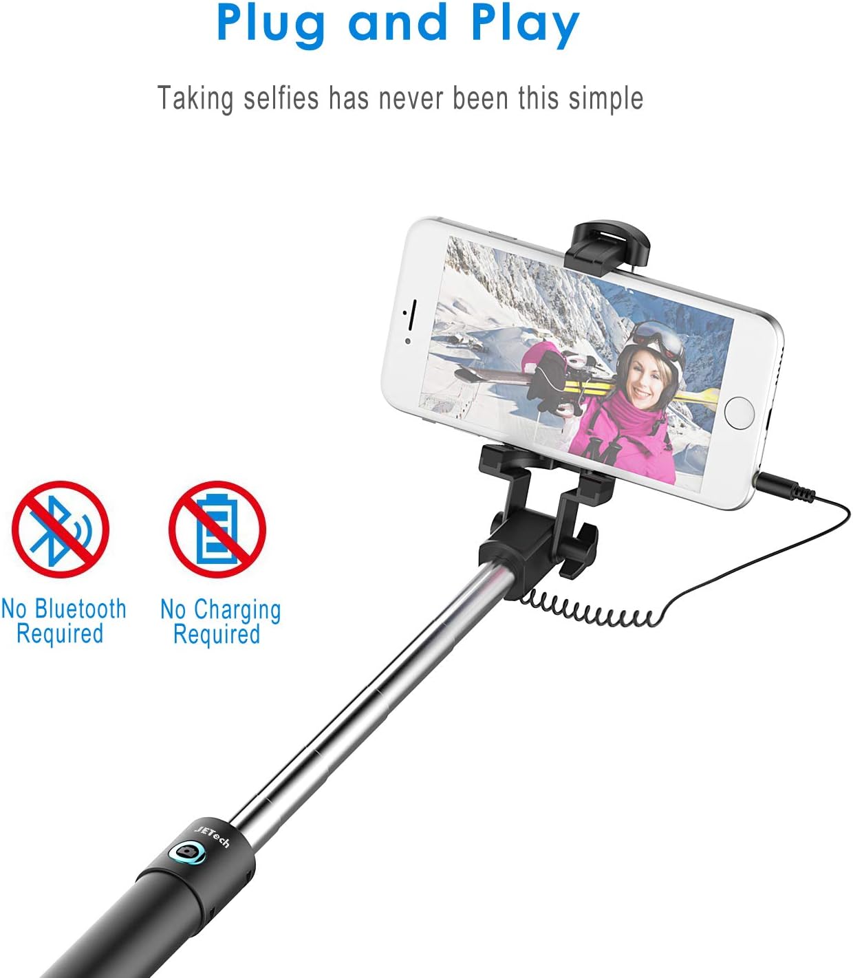 Selfie Stick, JETech One-Piece U-Shape [Battery Free] Extendable Wired Cable Control Self-Portrait Monopod Pole with Mount Holder for Apple&Android Devices and More
