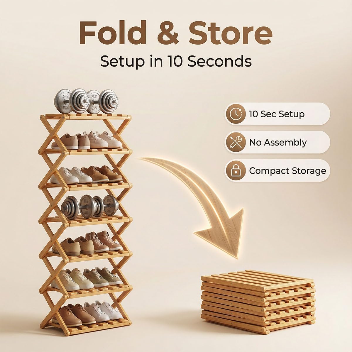 The 9-Tier No-Assembly Bamboo Rack, 7 Tier Bamboo Shoe Rack, Foldable Bamboo Shoe Rack, Without Installation Free Standing Shoe Rack for Corridors, Bedrooms Living Room Corner (White, 6Tier)