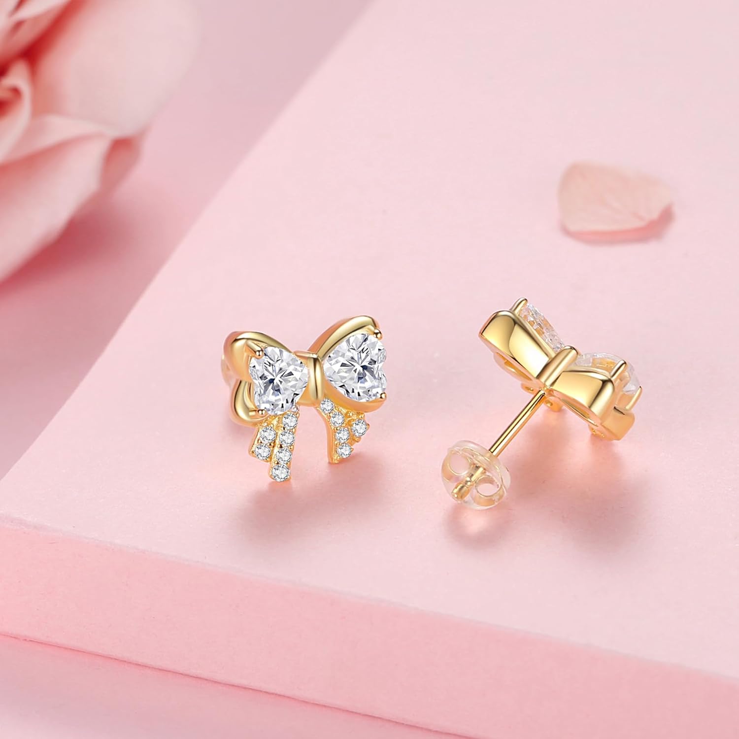 Hypoallergenic Bow Earrings for Women Trendy: 925 Sterling Silver Pearl Earrings White Gold/Gold Cubic Zirconia Earrings Studs for Sensitive Ears Christmas Jewelry - Image 4