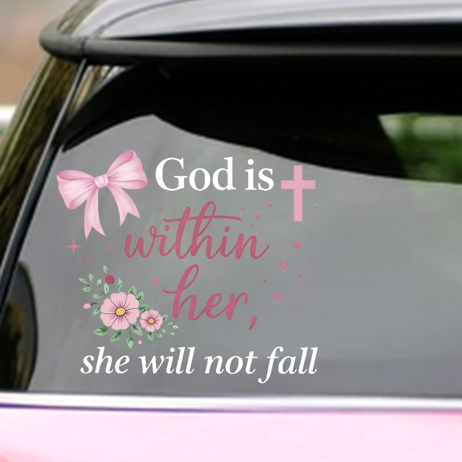 Autocollant chrétien pour vitre de voiture au style rose fleur et verset de la Bible