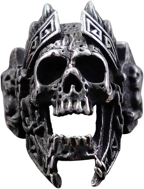 BAVAHA Unique Gods of War Ares Skull Rings Punk Rock Warrior 316L Stainless Steel Ring Mens Biker Jewelry