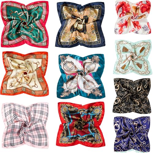 COOLANS 10 PCS Mixed Set Scarf 20 inch x 20 inch,Fashion Square Satin Neck Scarf Head scarf for Women Hair Scarf Bundle