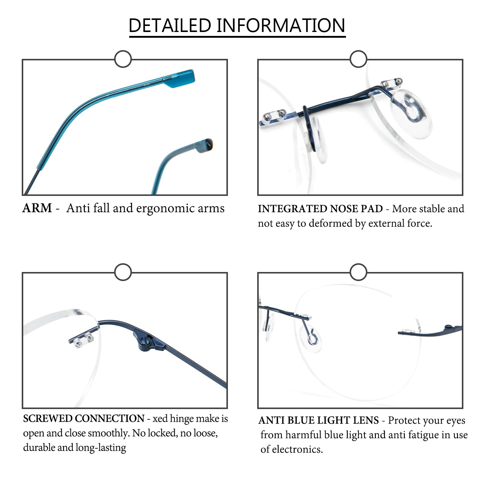 MMOWW Circular Gafas de lectura sin Marco Gafas Aleación Titanio Ultraligeras Para Hombres y Mujeres, Gafas de Computadora de Ayuda con lente de Resina (Azul, +2.0)