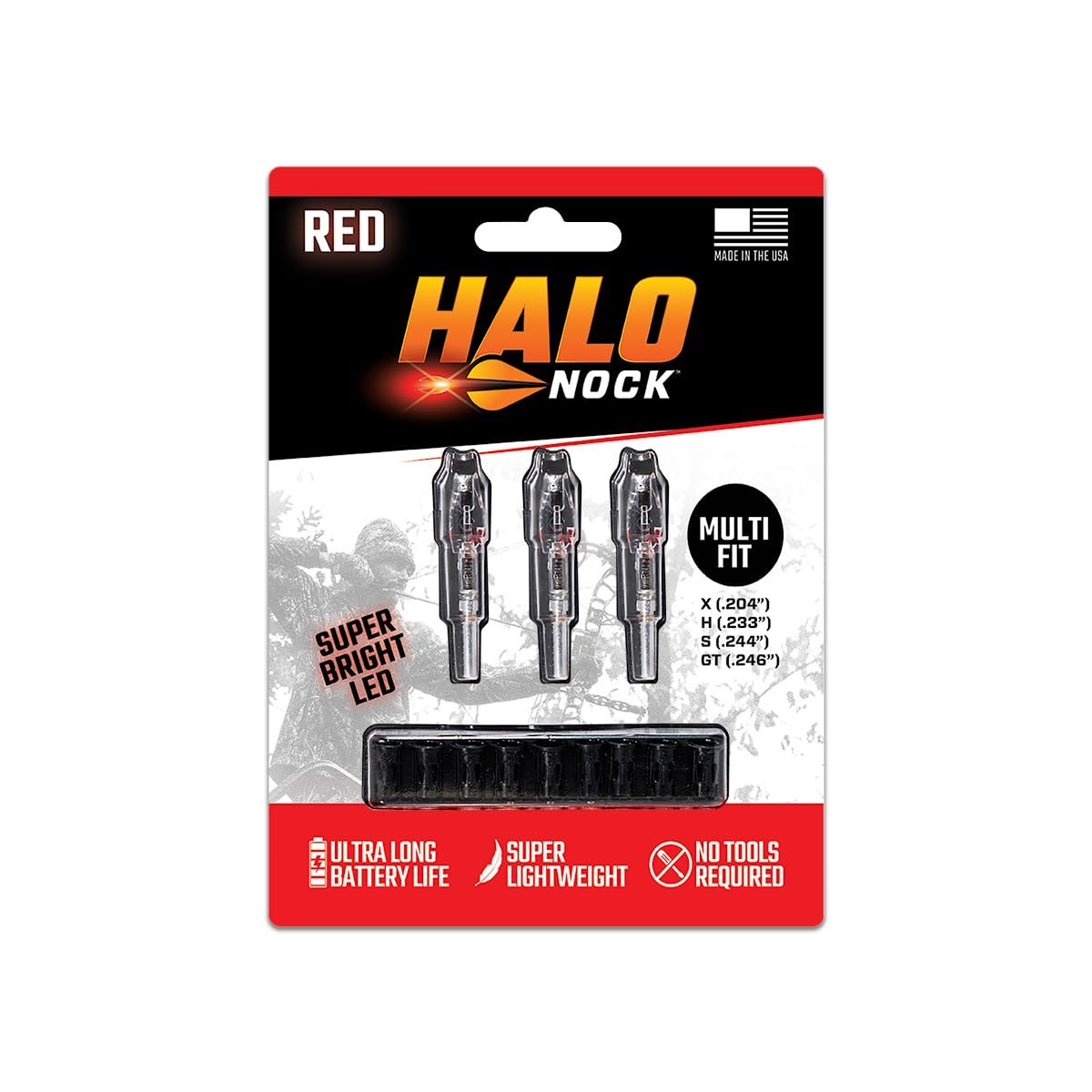 Halo Nock FIT Lighted Nocks for Archery & Bowhunting, Fits .204, .233, & .244-.246 Internal Diameter Arrows, Red, 3-Pack