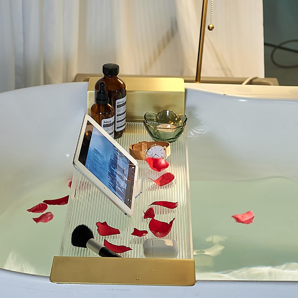 Bandeja de bañera acrílica ajustable, estante de puente para bañera con asas doradas expandibles, elegante organizador de ducha de plexiglás, bandeja de lujo para teléfono celular y soporte para copas