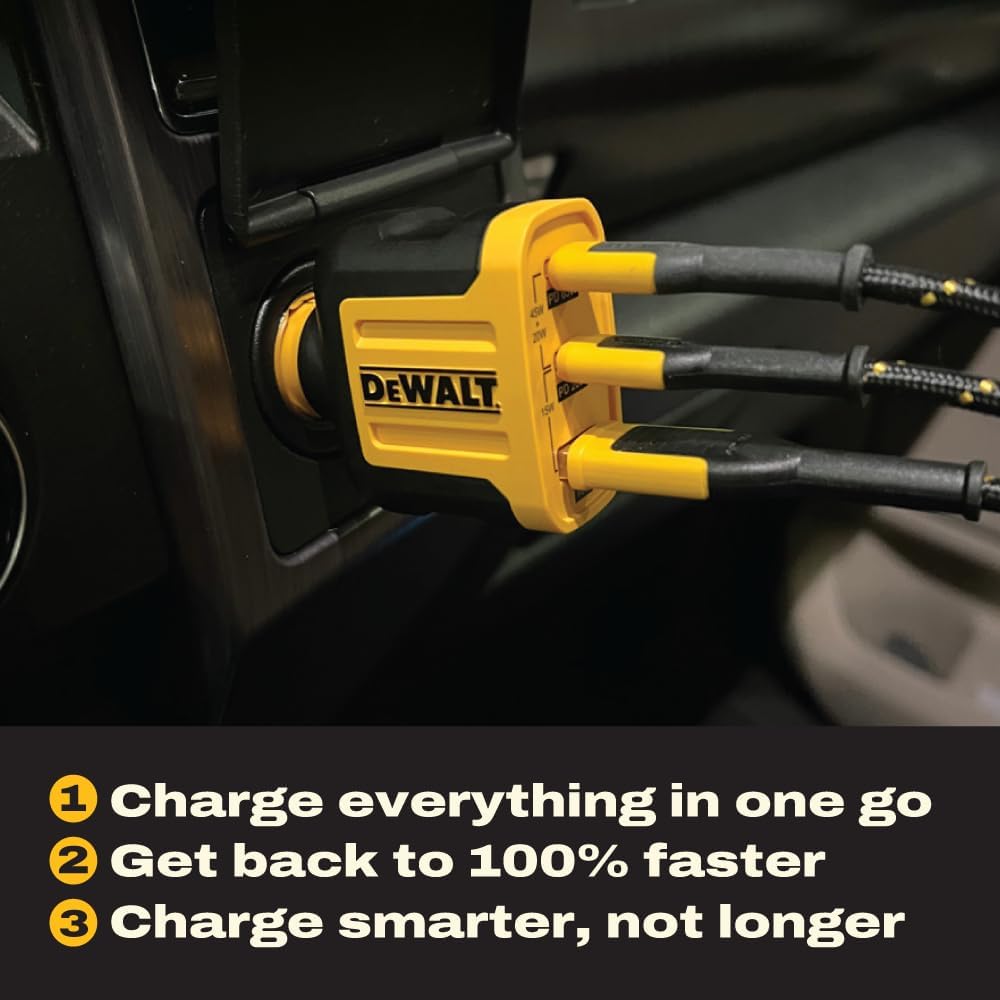 DEWALT 65W PD 3-Port Car Charger – USB-C PPS Fast Charging Adapter for Laptops, Phones & Tablets, Dual USB-C + USB-A Ports, 65W Total Output for Efficient Type C + USB Multi-Device Charging On The Go