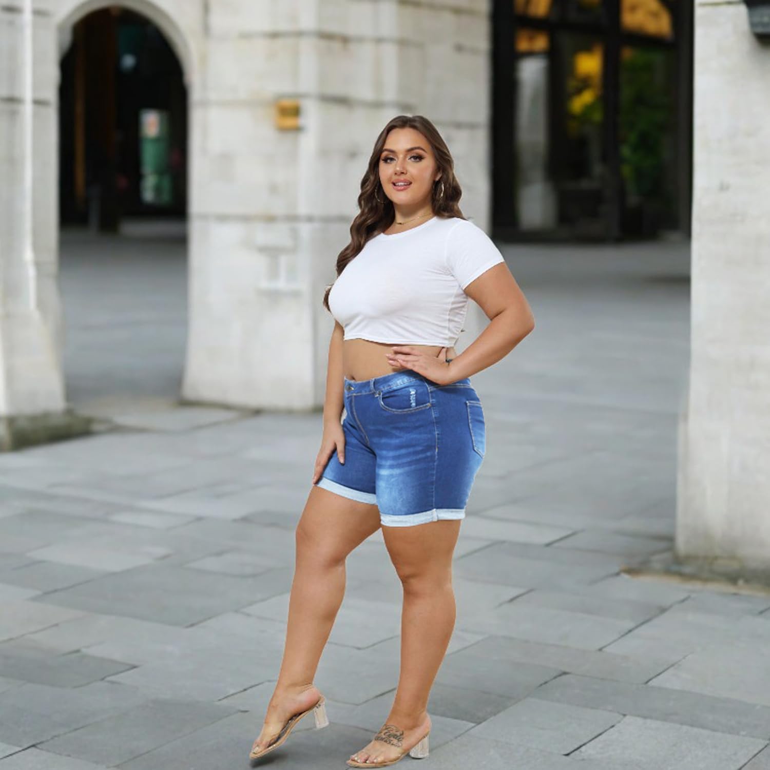 Tulucky Women Plus Size Jean Shorts High Waist Cute Distressed Ripped Folded Hem Denim Shorts - Image 9