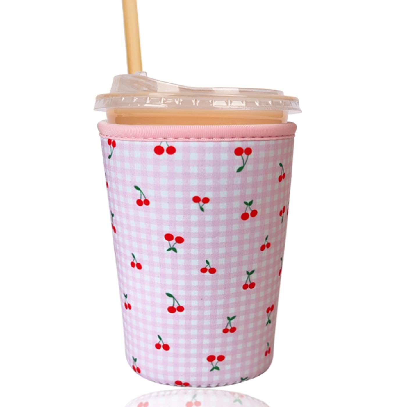 Reusable Insulated Sleeve for Iced Coffee Cup, Coffee Neoprene Sleeve for Cold &amp; Hot Drinks, Beverage Holder for Iced Coffee (Pink Cherry, Medium: 22-24oz)