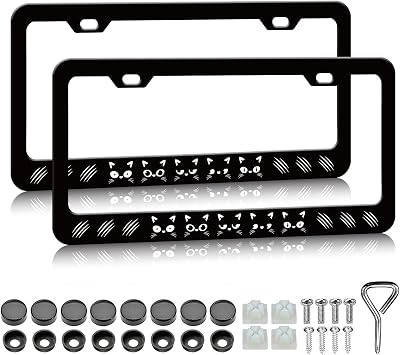 HCSS Cute Black Cat License Plate Frames - 2 Pack Funny Face License Plate Holder, Aluminum Metal Rust-Proof Waterproof Car Decorative Tag Frame for Standard US 12x6 Inch