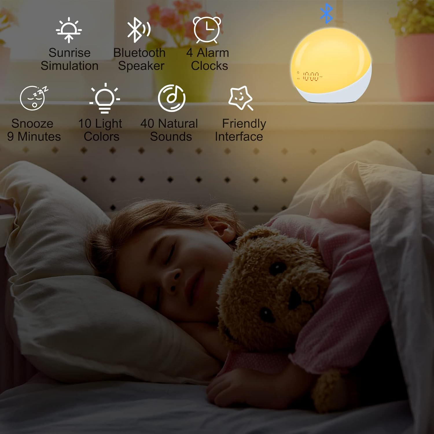 Infographic showing key features: Sunrise Simulation, Bluetooth Speaker, 4 Alarm Clocks, Snooze 9 Minutes, 10 Light Colors, 40 Natural Sounds, Friendly Interface