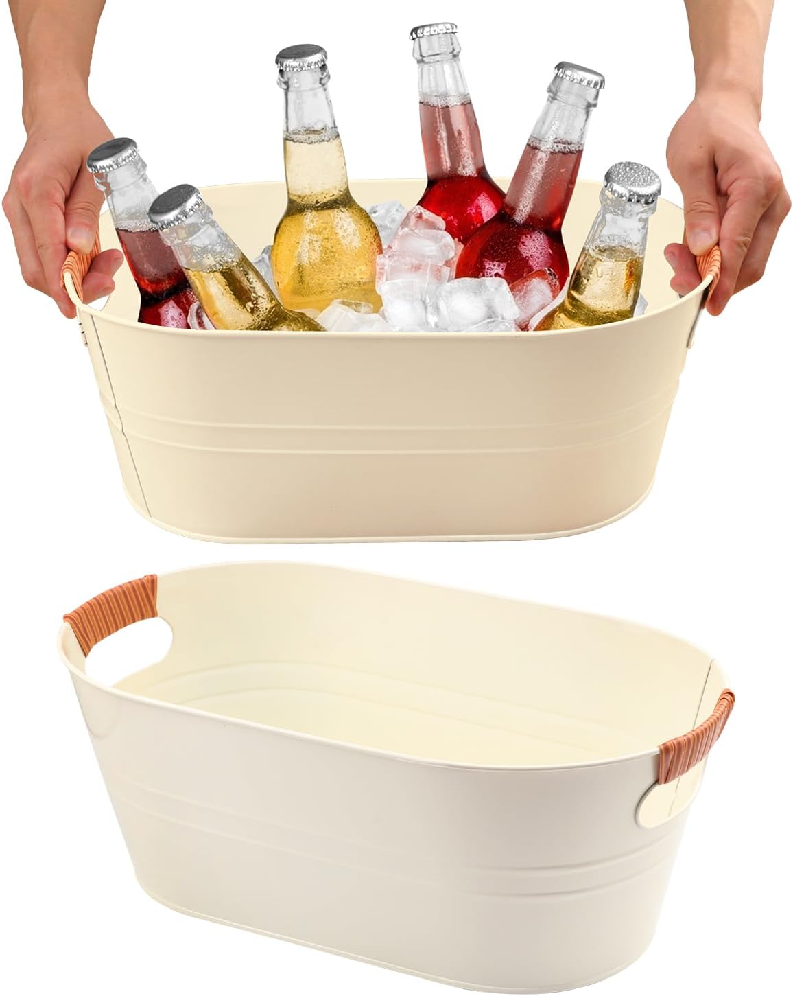 2-Pack 3 Gallon White Metal Beverage Tub, Galvanized drink Tub for Parties, Large Beverage Ice Tub with Carry Handles, Rust-Resistant Outdoor Champagne Cooler (15.3 × 9 × 6 in, White)