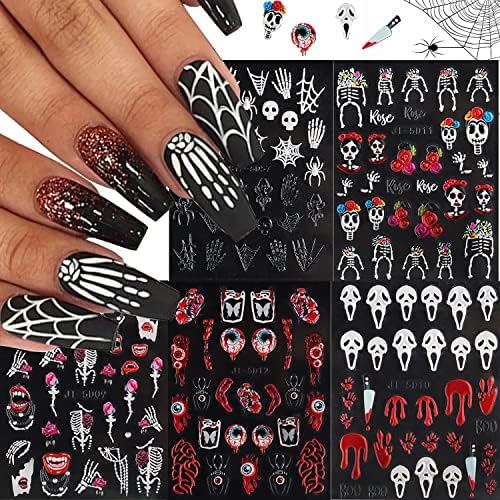 5 Sheets Halloween Nail Art Stickers Embossing 5D Self Adhesive Nail Decals Stereo Relief Skull Spider Web Clown Design Nail Supplies Nail Art Accessories Cute Acrylic Nail DIY Decorations for Women