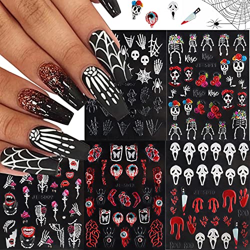 5 Sheets Halloween Nail Art Stickers Embossing 5D Self Adhesive Nail Decals Stereo Relief Skull Spider Web Clown Design Nail Supplies Nail Art Accessories Cute Acrylic Nail Diy Decorations For Women #TOP27