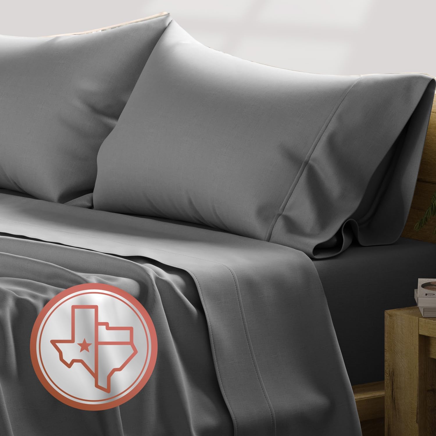 TEXAS LINEN CO. 100% Egyptian Cotton Sheets - 600 Thread Count 4 PC King Size Sheet Set, Soft, Cooling, High Thread Count Sateen Weave, Extra Long Staple Luxury Bedding, 16 in Deep Pocket - Dark Grey